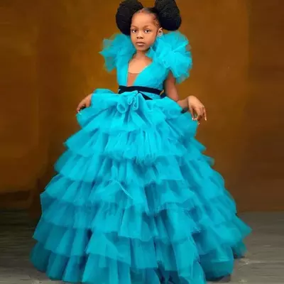 Girl's Dresses Blue Ruffles Tulle Mother And Daughter For To Birthday Party Long Pageant Ball Gowns GirlsTiered Flower Girl