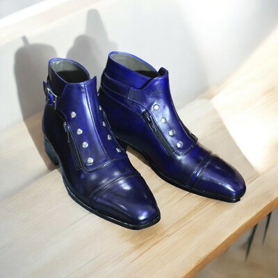 Ankle High Blue Buckle Cap Toe Leather Boot, Men's Handmade Buckle Formal Boot