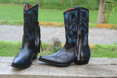 Crafted Leather Luxury and Classic Blue Patina Leather Pointed Toe Fringes Cowboy Ankle Long Boot