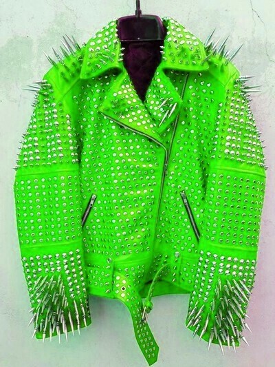 Crafted Leather Men Classy Green Gothic Emo Style Leather Studded Jacket with Silver Studs and Spikes
