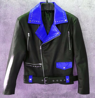 Crafted Leather Handmade Blue Black Men Fashion Biker Cafe Racer Motorcycle Studded Leather Jacket