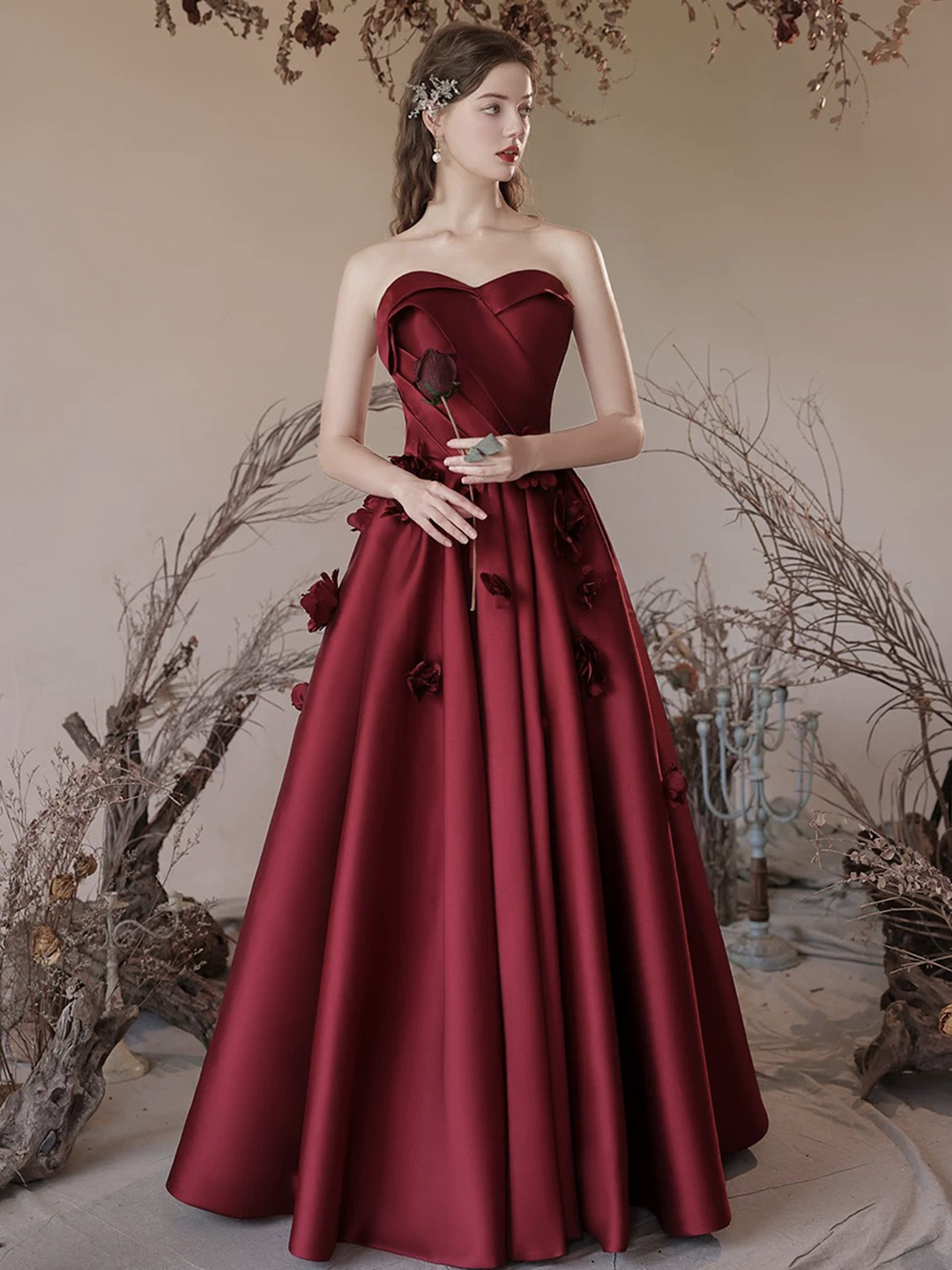 Burgundy Strapless Satin Floor Length Prom Dress