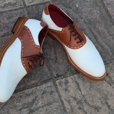 Crafted leather classic brown white leather lace up dress shoes - Thumbnail 2