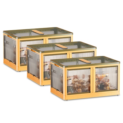 3Pcs Foldable Storage Bins with Lid 4 Doors Collapsible Stackable Closet Organizer Containers with Lock 4Pcs Wheels-Yellow-XL