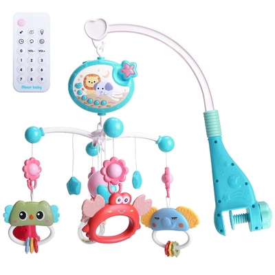 Baby Musical Crib Bed Bell Rotating Mobile Star Projection Nursery Light Baby Rattle Toy with Music Box Remote Control-Blue