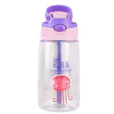 16.2Oz Leak-proof Kids Water Bottle with Straw Push Button Sport Water Bottle for Kids Crab Ship Jellyfish Rocket-Jellyfish