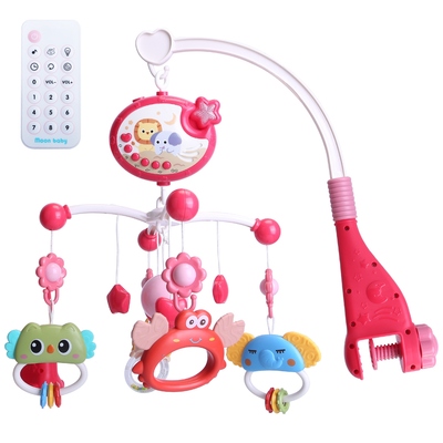 Baby Musical Crib Bed Bell Rotating Mobile Star Projection Nursery Light Baby Rattle Toy with Music Box Remote Control-Red
