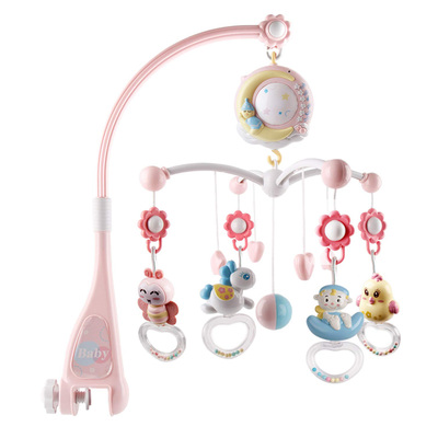 Baby Musical Crib Bed Bell Rotating Mobile Star Projection Nursery Light Baby Rattle Toy w/ Music Box Remote Control-Pink