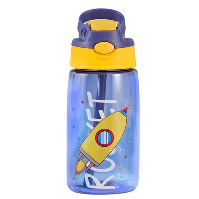 16.2Oz Leak-proof Kids Water Bottle with Straw Push Button Sport Water Bottle for Kids Crab Ship Jellyfish Rocket-Rocket