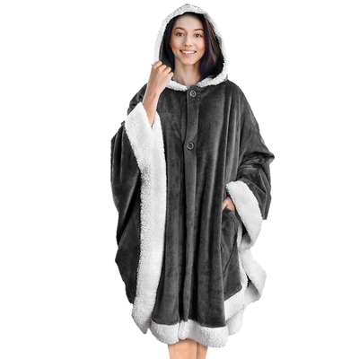 Hoodie Blanket Wrap Wearable Hoodie Snuggle Robe Sweatshirt Soft Lined Cuddle Poncho Cape w/ Hat 2 Pockets Buttons-Gray