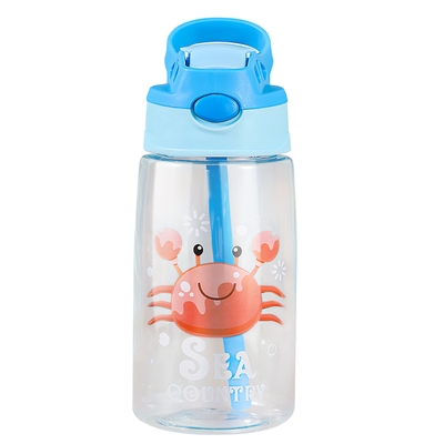 16.2Oz Leak-proof Kids Water Bottle with Straw Push Button Sport Water Bottle for Kids Crab Ship Jellyfish Rocket-Crab