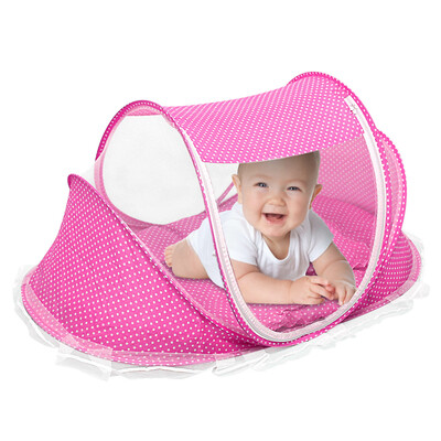 Foldable Baby Travel Bed Portable Infant Mosquito Net Tent Crib Cradle w/ Pillow Mattress Music Box for 0-3 Kids-Pink