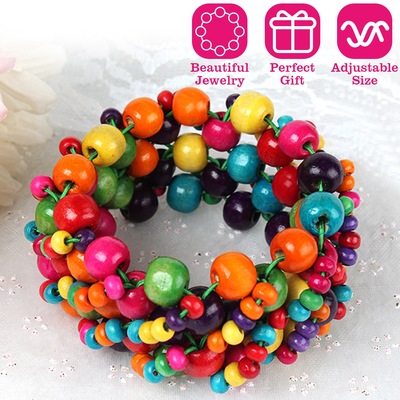 Multi-Color Wooden Beaded Stretchy Bracelet Colorful Exotic Style Elastic Bracelets For Women Girls Children