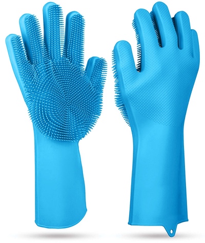 1 Pair Magic Silicone Brush Dishwashing Gloves Cleaning Sponge Pet Scrubber Heat Resistant Wash Gloves-Blue