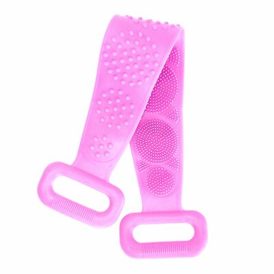 Exfoliating Silicone Body Scrubber Belt with Massage Dots - Shower Strap Brush with Adhesive Hook-Purple