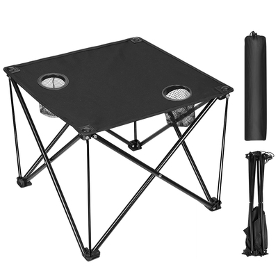 Foldable Camping Table Portable Picnic Table Lightweight Travel Desk with Cup Holder Carrying Bag-Black