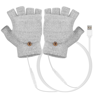 USB Wool Heated Gloves Mitten Half Fingerless Glove Electric Heated Gloves for Laptop PC-Gray