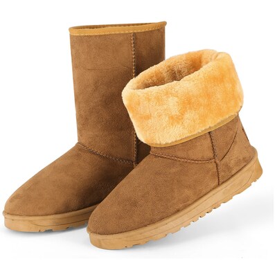 Women Ladies Snow Boots Waterproof Faux Suede Mid-Calf Boots Fur Warm Lining Shoes-Chestnut-9