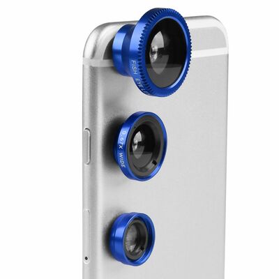 Lens Kit: 180? Fisheye, 0.67x Wide Angle, 10X Macro for iPhone X/8/7, Samsung S10/S9-Blue