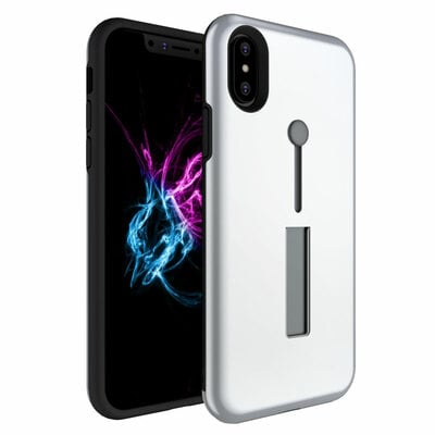 Finger Strap Phone Case for iPhone X Drop-protection Finger Ring Rugged Phone Case with Kickstand Dual Layer Case-Silver
