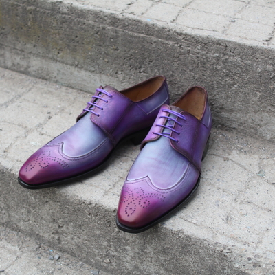 Crafted leather handmade men purple patina leather oxford wingtip dress shoes - Thumbnail 5