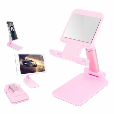 Foldable Phone Stand - Adjustable Angle & Height - Fits 4-12.9in Device - Tablet Holder Cradle Dock with Mirror-Pink