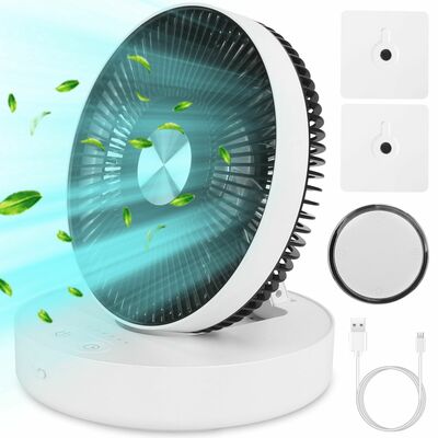 Foldable Rechargeable LED Desk Fan - Wall Mounted, Magnetic Remote, 4 Speeds, 2 Brightness, Time Setting-White