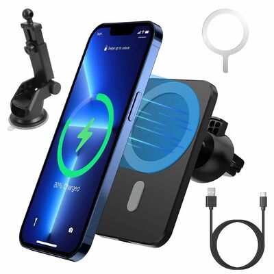 Magnetic 15W Wireless Car Charger for iPhone 12/13/14 Series and QI-Enabled Phones - MagSafe Mount-Black