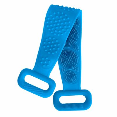 Exfoliating Silicone Body Scrubber Belt with Massage Dots - Shower Strap Brush with Adhesive Hook-Blue