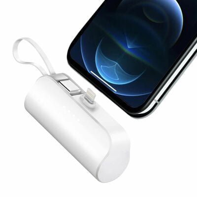Compact 5000mAh Power Bank with Type-C & IOS Cable - Dual Output, Compatible with IOS & Samsung-White