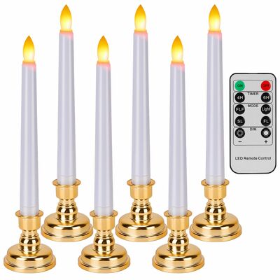 6Pk Flameless Taper Candles 9.8in LED Warm White w/4 Modes Remote Timer Removable Candlesticks