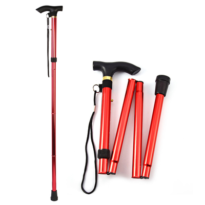 Walking Cane Aluminum Alloy Walking Stick Adjustable Folding Travel Hiking Stick Anti-Slip-Red