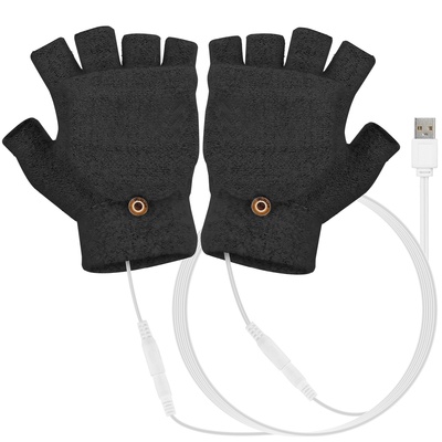 USB Wool Heated Gloves Mitten Half Fingerless Glove Electric Heated Gloves for Laptop PC-Black