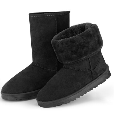 Women Ladies Snow Boots Waterproof Faux Suede Mid-Calf Boots Fur Warm Lining Shoes-Black-7