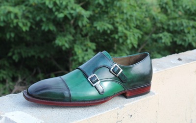 Crafted Leather Classic Handmade Green Double Monk Strap Shoes