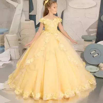 Yellow Flower Girl Dresses Bridesmaid Party Pageant Dresses Lace Flower Girls Gowns White First Communion Dress