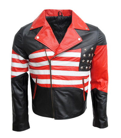 Motorcycle Leather Jacket, America Logo Red Lapel Style, studs zippers Jacket.