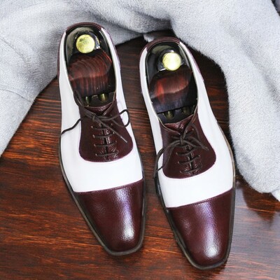 Men's Hand Painted Brown & White Genuine Leather Shoes, Cap Toe Dress Shoes