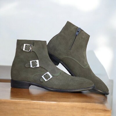 Handmade Ankle High Triple Buckle Green Suede Boot Side Zipper For Men's
