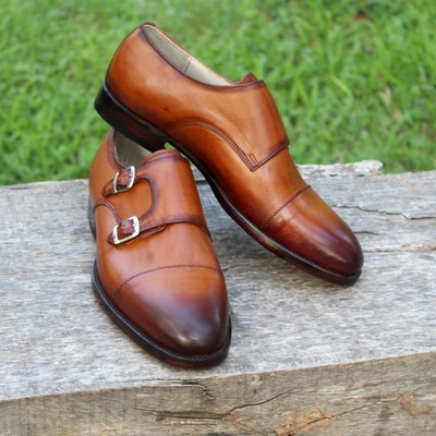 Crafted leather classic brown leather double monk strap dress shoes - Thumbnail 3