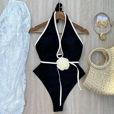 Black and White Halter Backless One Piece Swimsuit with Flowers Belt