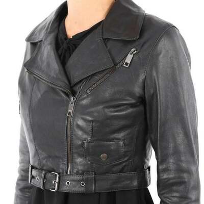 Women genuine leather cropped biker jacket slim fit washed black