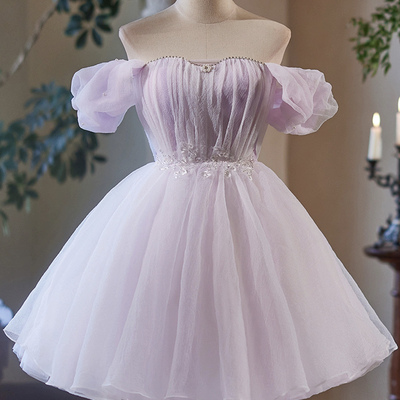 Purple tulle short a-line prom party dress - Thumbnail 1