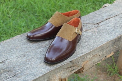 Crafted Leather Two Tone Brown Suede Leather Monk Strap Shoes