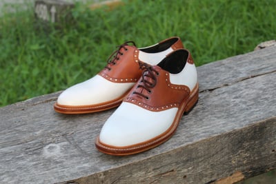 Crafted Leather Classic Handmade Men White Brown Leather Derby Oxford Dress Shoes