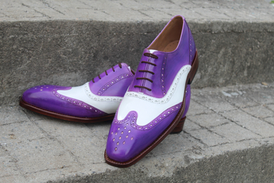 Crafted Leather Classic Handmade Purple White Wingtip Oxford Dress Shoes