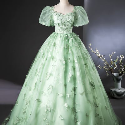 Green tulle short sleeve long prom dress with butterfly lace - Thumbnail 1