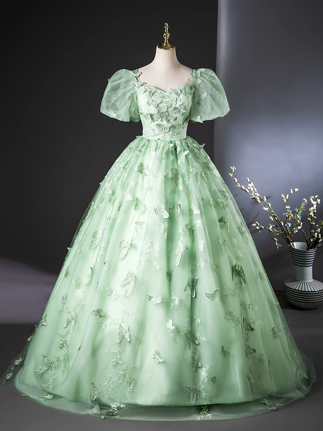 Green Tulle Short Sleeve Long Prom Dress with Butterfly Lace
