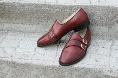 Crafted Leather Unique Men Classic Brown Patina Leather Monk Single Crocodile Strap Party Wear Shoes