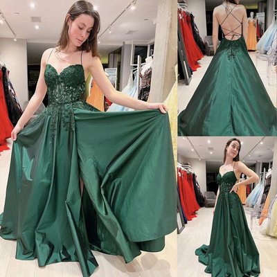 Green Prom Dresses Spaghetti Straps with Appliques